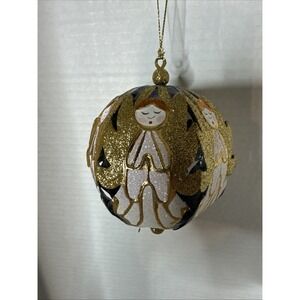 Pier 1 Imports Christmas Ornament Holiday Glittery Gold Navy Angels Metal Ball